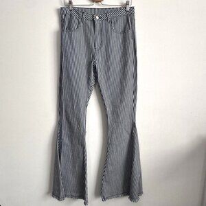 Altard State Railroad Stripe Bell Bottom Jeans Pants L Navy 31x34 Raw Hem NEW